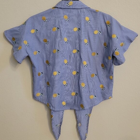 Love, Fire Tie-Waist Striped Button-Up Short Sleeved Blouse With Lemons Size XS - Picture 4 of 8